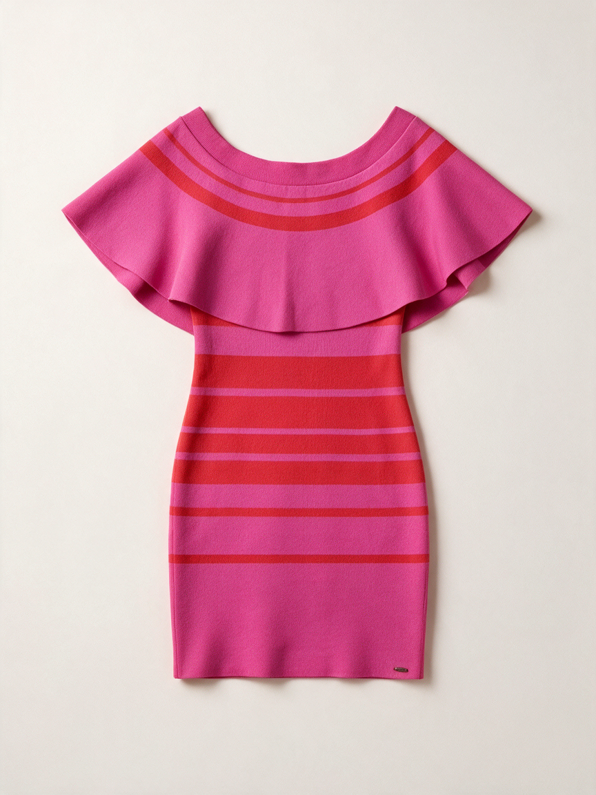 JOSH V - Jurk - roze/rood, horizontale strepen, volant - S