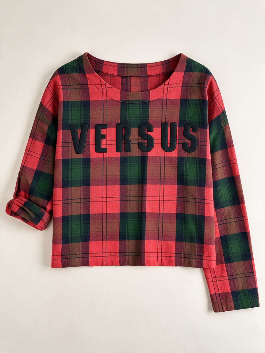 Versus Versace - Trui - rood-groen geruit, groot logo, ronde hals - M