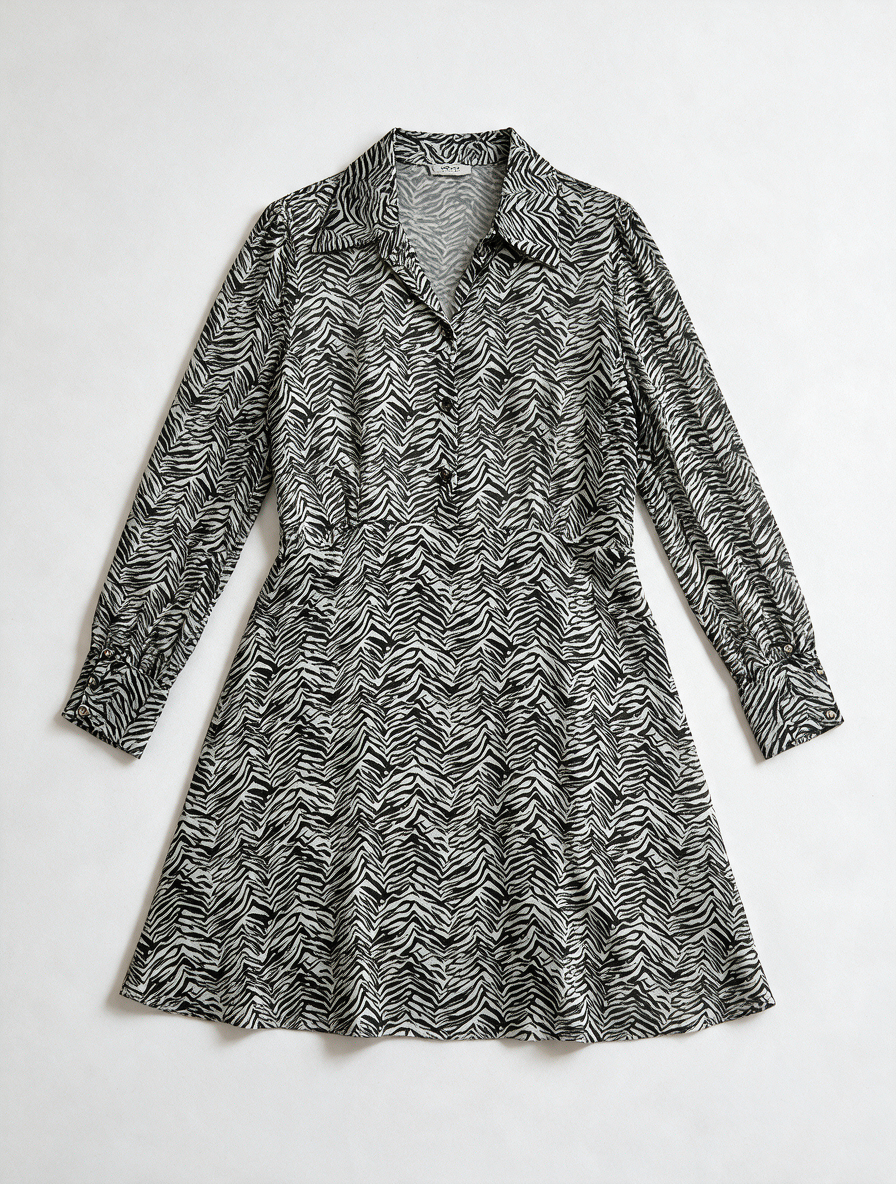 Patrizia Pepe - Jurk - zwart-wit zebraprint, klassieke kraag, knoopsluiting - M