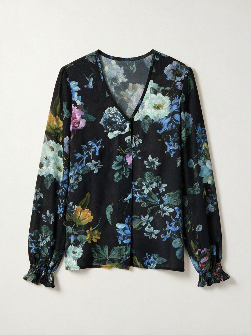 Y.A.S - Blouse - zwart, bloemenprint, V-hals - S
