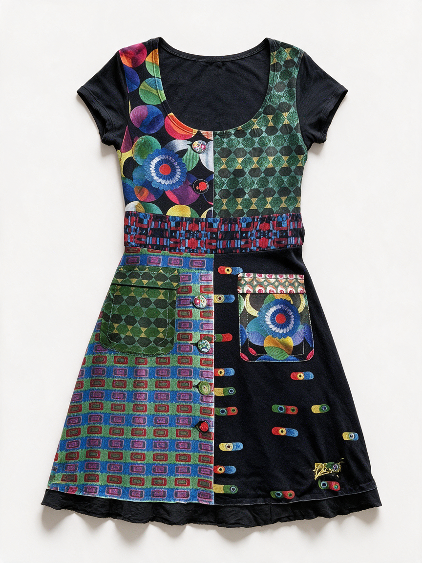 Meerkleurige Desigual jurk met patchworkprint en korte mouwen, voorkant liggend