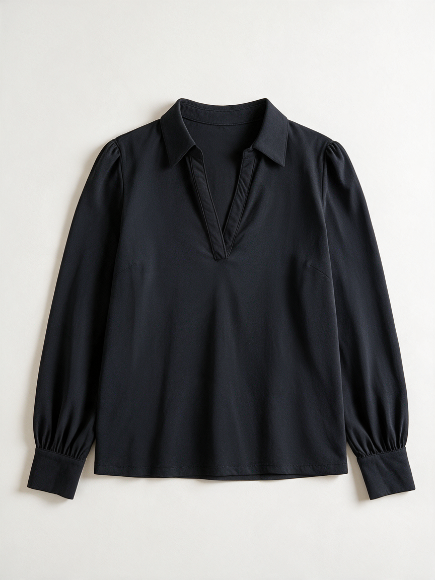 Effen zwarte blouse van Tramontana met V-hals en kraag, voorkant liggend