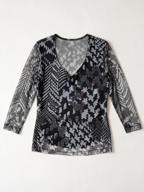 bianca - Blouse - abstract patroon, semi-transparant mesh, V-hals - M