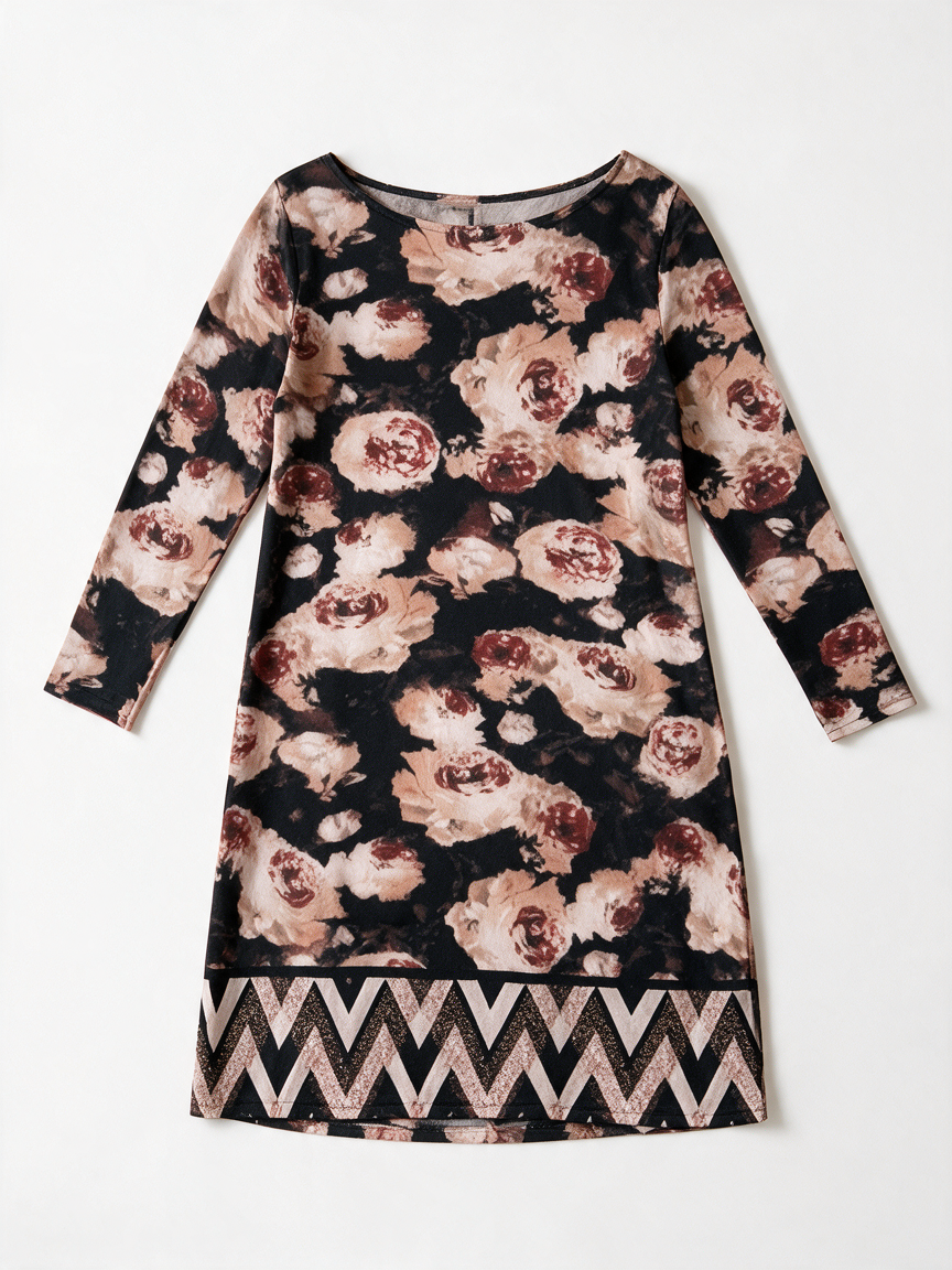 norah - Jurk - bloemenprint, lange mouwen, zigzagrand - L