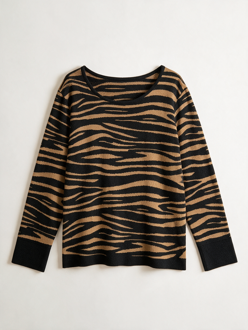 Zwart-camel trui met zebra-/tijgerstrepen van Mayerline, voorkant liggend