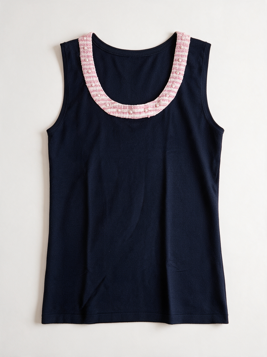 LÉO GUY - Top - donkerblauw, ronde hals, brede contrastboord - XL