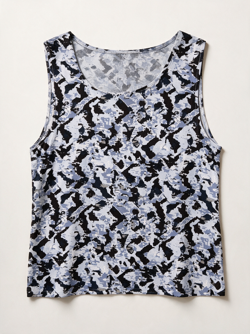ICHI - Top - blauw-wit-zwart, abstracte print, mouwloos - L