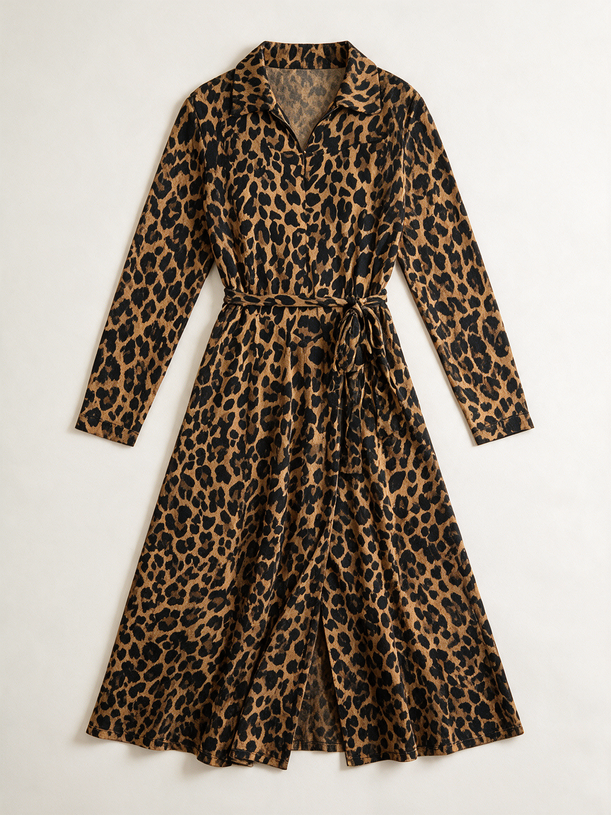 Vanilia - Jurk - panterprint, midi-lengte, ceintuur - L