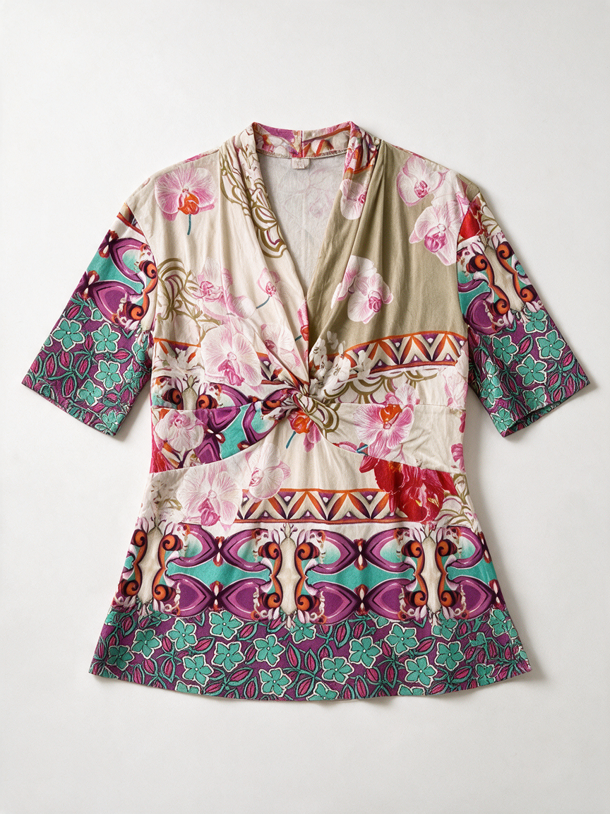 Beige wijdvallende top met kleurrijke bloemenprint en geometrische banen, voorkant liggend
