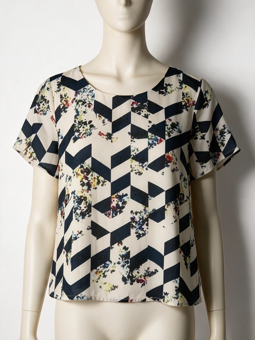 SUGARHILL BOUTIQUE - Blouse - blauw-wit, chevronprint, korte mouw - M