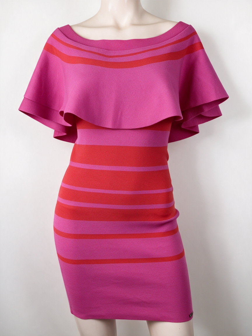 JOSH V - Jurk - roze/rood, horizontale strepen, volant - S
