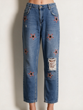 NIKKIE - Broek - blauwe denim, sterrenapplicaties, ripped detail - maat 30