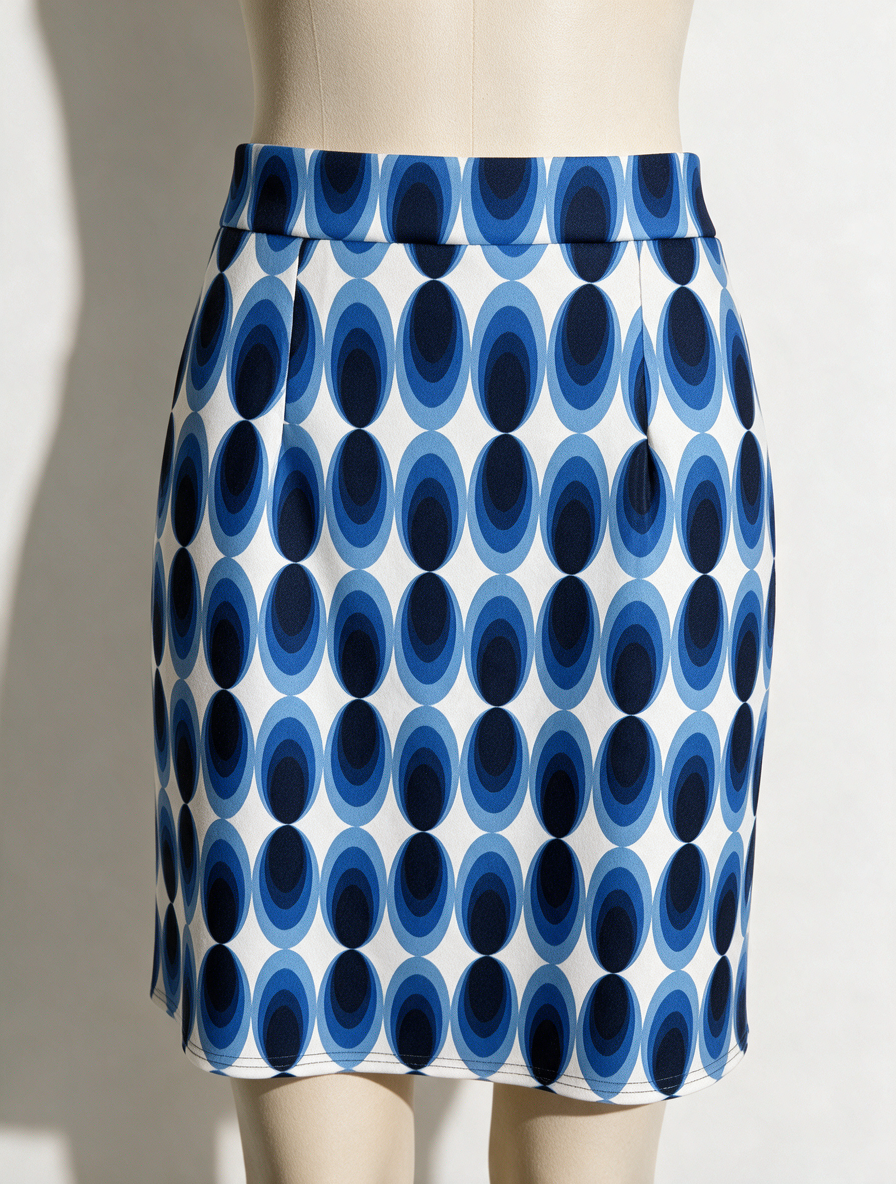 Vintage Chic for Topvintage - Rok - grafische ovaalprint, blauw-wit, boven de knie - S