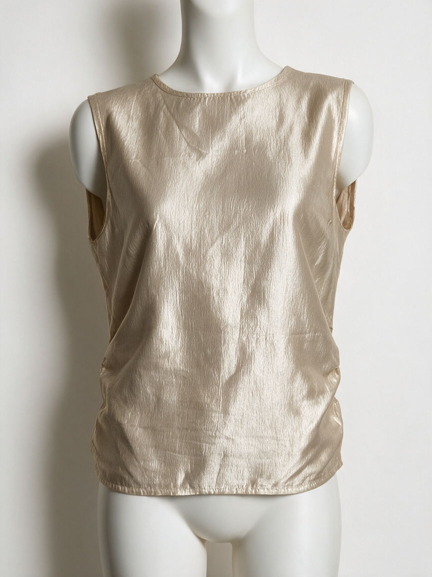 Licht goudkleurige mouwloze top met metallic glans van My Jewellery, voorkant op paspop