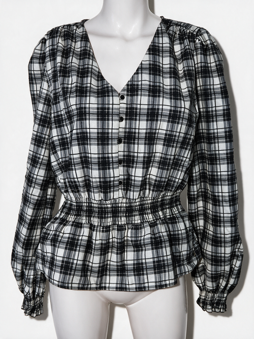 Zwart-wit geruite blouse met lichtgele accenten van Cotton Club, voorkant op paspop