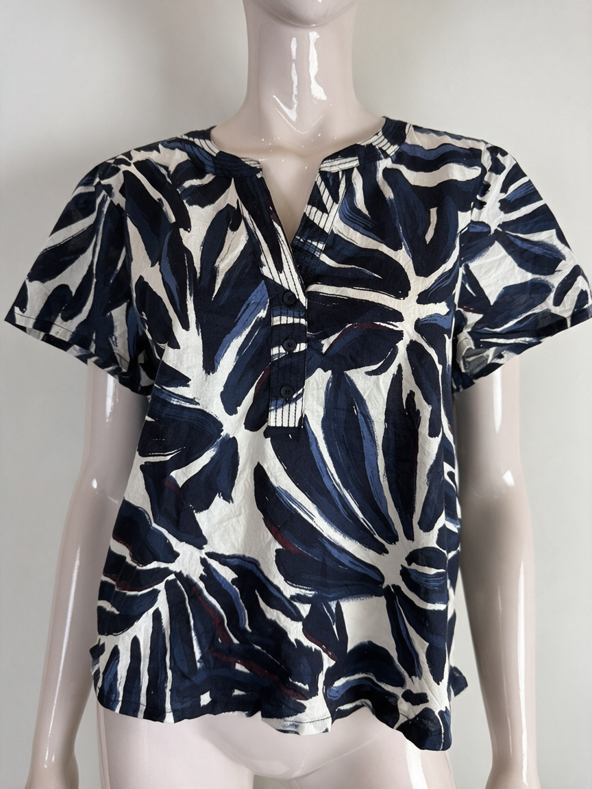 CECIL - Blouse - abstracte bladprint, korte mouwen, blauw/zwart/wit - M