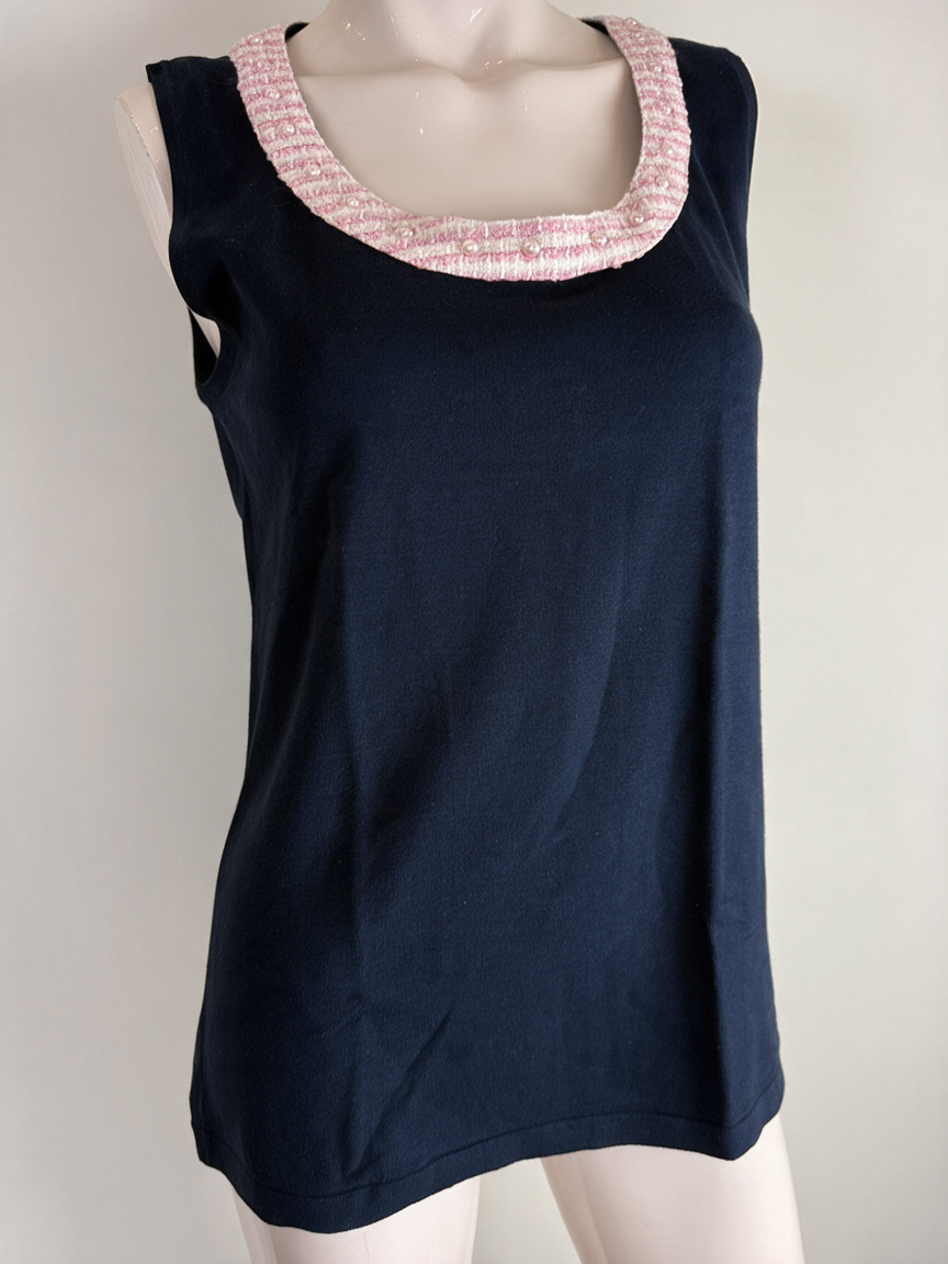 LÉO GUY - Top - donkerblauw, ronde hals, brede contrastboord - XL