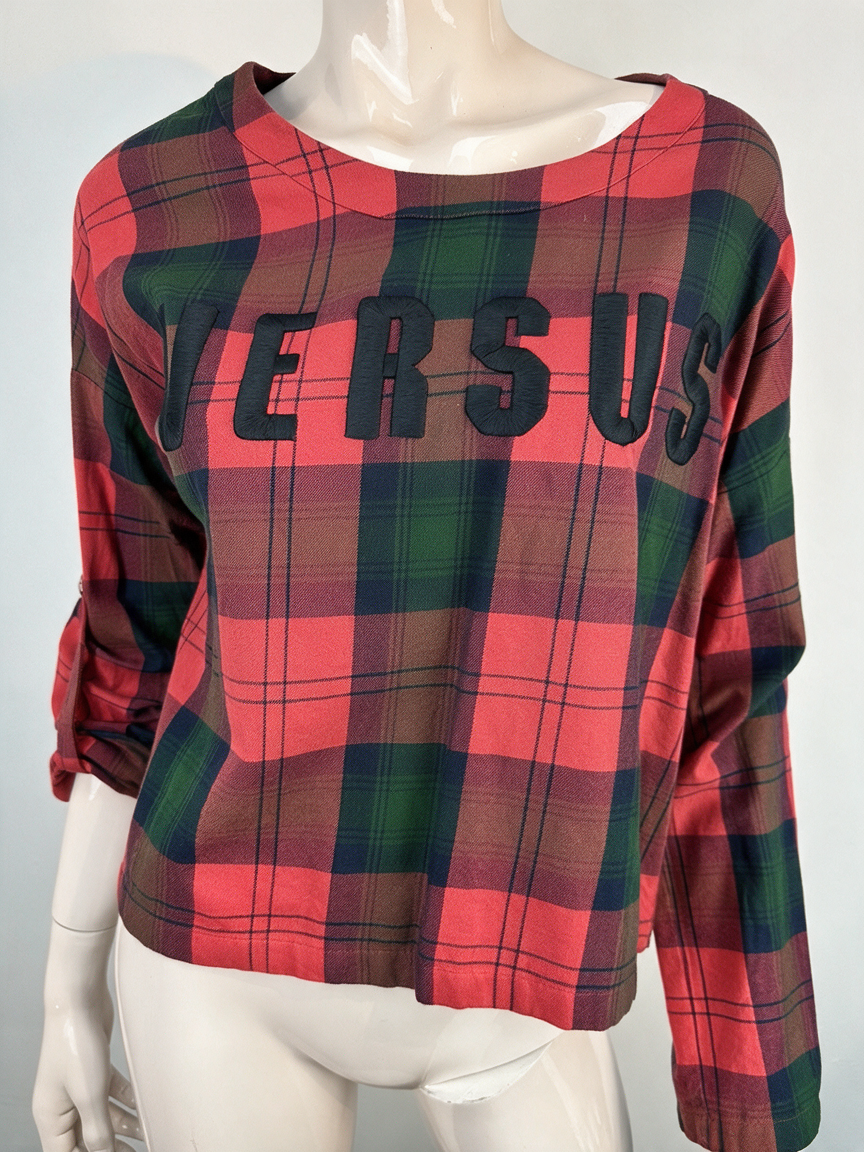 Versus Versace - Trui - rood-groen geruit, groot logo, ronde hals - M