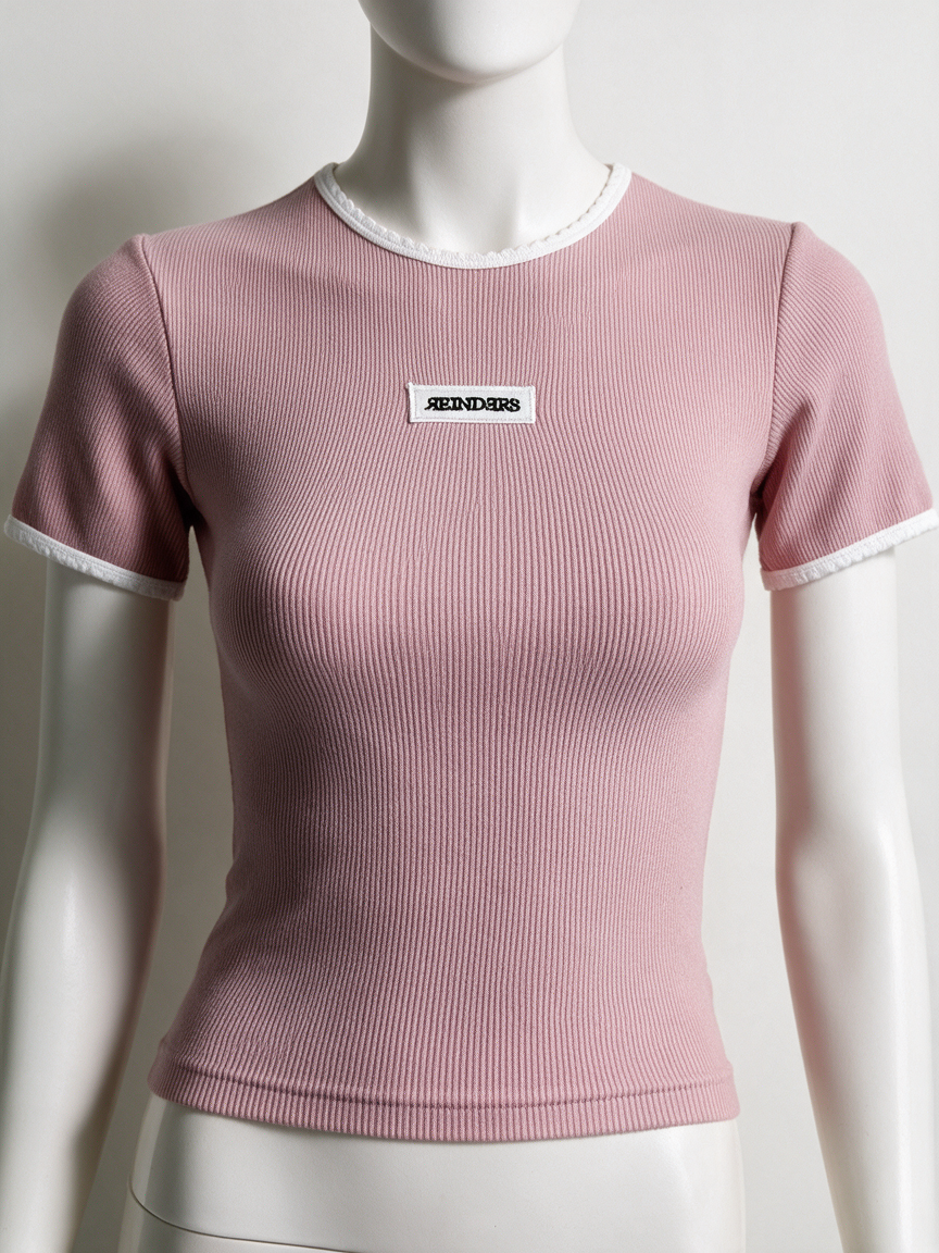 REINDERS - T-shirt - roze/wit, geribde stretch, contrastboorden - XS