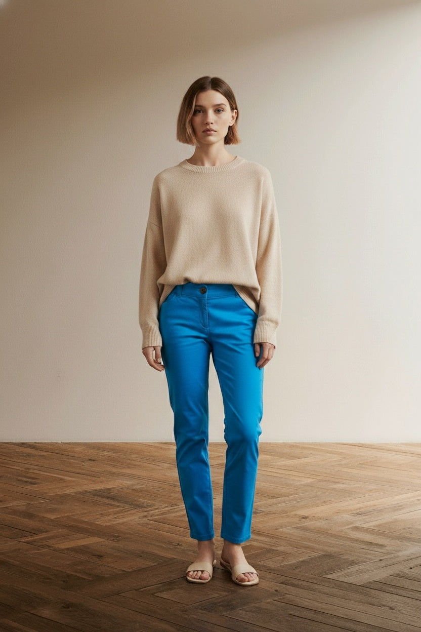 Full body view of the model wearing Marc Cain blauwe chino maat 4