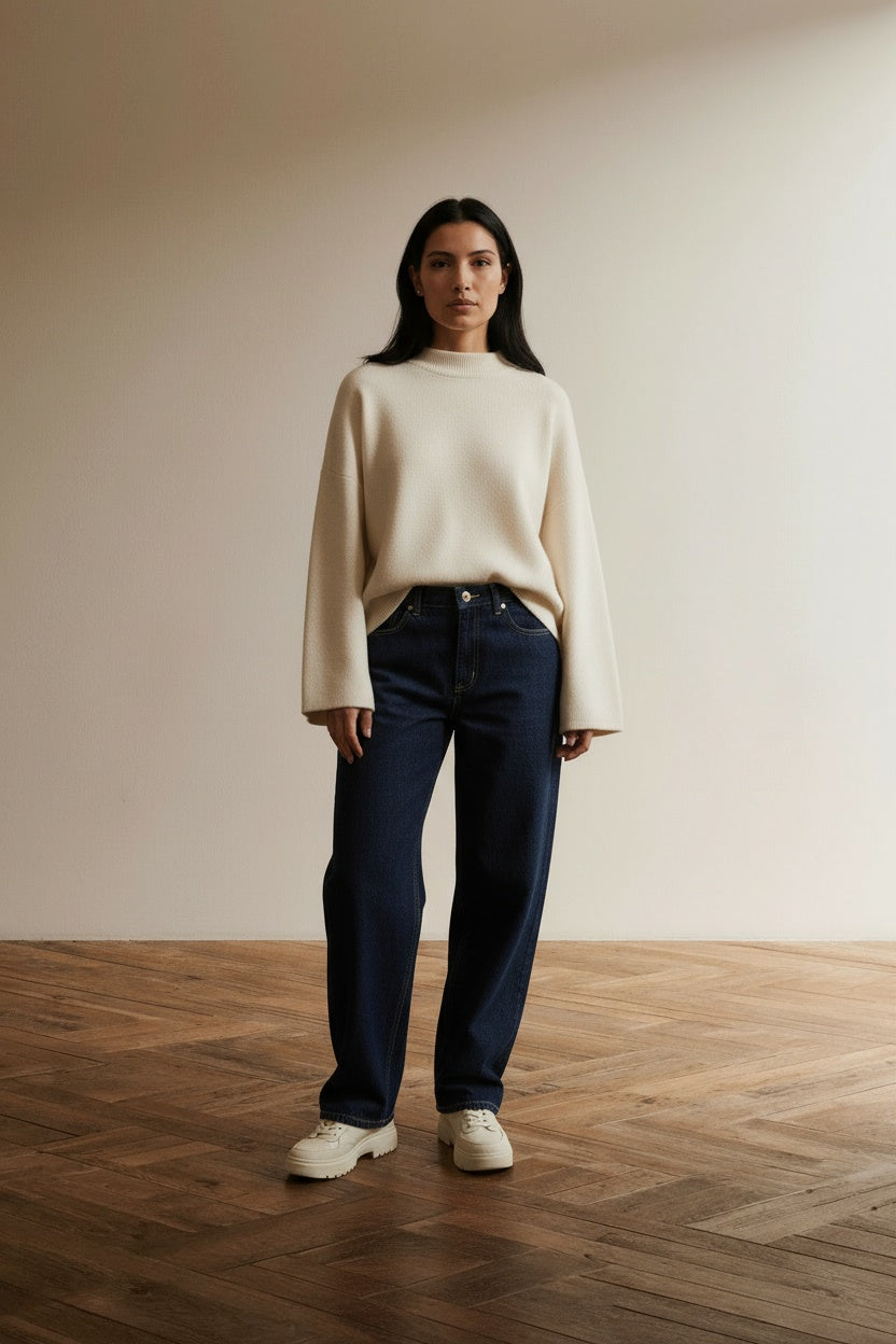 Full body view of the model wearing COJ Cup of Joe Denim Elodie Wide Straight Jeans W30 L30 – Donkerblauwe Raw Denim Jeans van 100% Katoen